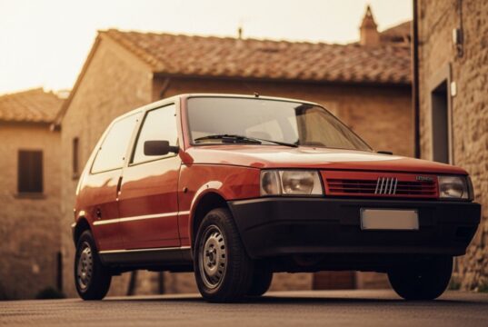 La Fiat Uno non era solo un’utilitaria: il primato industriale che in pochi ricordano Fiat Uno rossa d'epoca del 1983 parcheggiata in un borgo italiano al tramonto