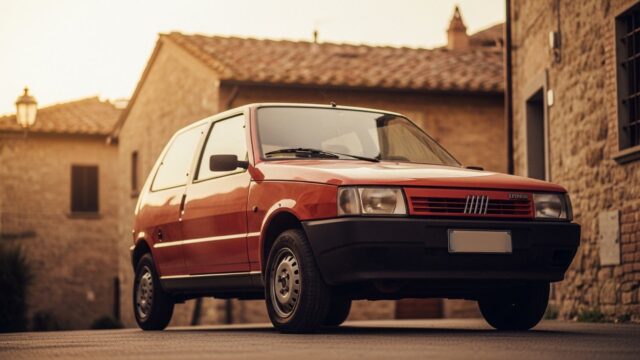 Fiat Uno: l'utilitaria simbolo degli anni '80 fotografata in un borgo italiano Fiat Uno rossa d'epoca del 1983 parcheggiata in un borgo italiano al tramonto