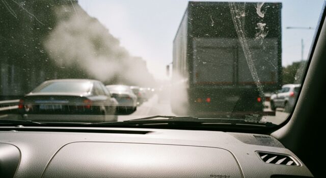 Traffico congestionato visto dall'abitacolo di un'auto con smog visibile sulla strada