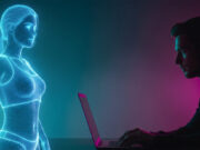 Milioni di follower per una donna che non esiste: la storia vera dietro il film di Brizzi Ologramma di una donna generata dall'intelligenza artificiale osservato da un uomo al computer, immagine simbolo del film Quasi Vera di Fausto Brizzi