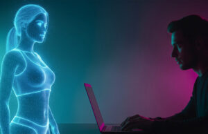 Milioni di follower per una donna che non esiste: la storia vera dietro il film di Brizzi Ologramma di una donna generata dall'intelligenza artificiale osservato da un uomo al computer, immagine simbolo del film Quasi Vera di Fausto Brizzi