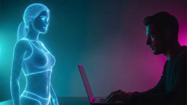 L'influencer creata dall'intelligenza artificiale che sta conquistando i social Ologramma di una donna generata dall'intelligenza artificiale osservato da un uomo al computer, immagine simbolo del film Quasi Vera di Fausto Brizzi