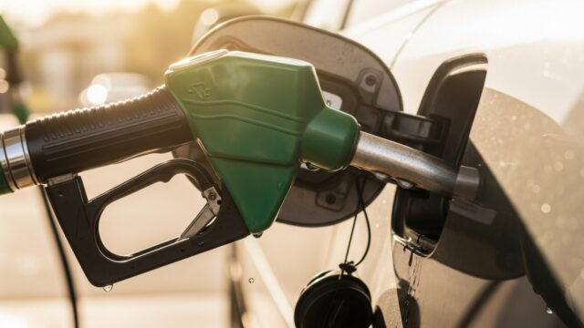 Pistola erogatore di benzina verde inserita nel serbatoio di un'auto durante il rifornimento estivo, con gocce di carburante sul bocchettone