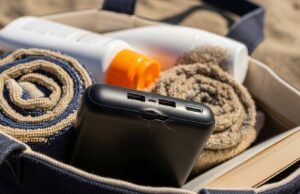 Power bank schiacciato in spiaggia: il vero motivo del rigonfiamento non è il caldo Power bank nero schiacciato in borsa da spiaggia con asciugamano, crema solare e libro, crepa visibile vicino alle porte USB