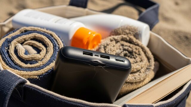 Il danno che il sole non fa: la pressione degli oggetti nella borsa da mare Power bank nero schiacciato in borsa da spiaggia con asciugamano, crema solare e libro, crepa visibile vicino alle porte USB