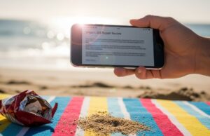 Diciamo che siamo in ferie, ma il telefono sa che non è vero Mano che regge uno smartphone con una mail di lavoro urgente in spiaggia, simbolo del quiet vacationing e della difficoltà a staccare in vacanza