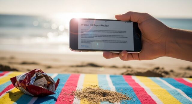 Mano che regge uno smartphone con una mail di lavoro urgente in spiaggia, simbolo del quiet vacationing e della difficoltà a staccare in vacanza
