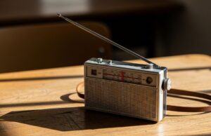 La radiolina nascosta sotto il banco: così si seguivano i Mondiali prima di DAZN Radiolina portatile vintage a transistor con antenna estesa appoggiata su un banco di scuola in legno ruvido.