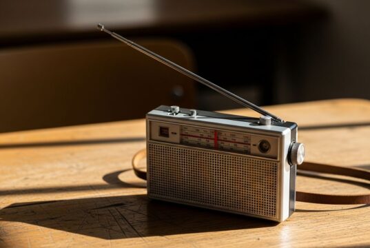 La radiolina nascosta sotto il banco: così si seguivano i Mondiali prima di DAZN Radiolina portatile vintage a transistor con antenna estesa appoggiata su un banco di scuola in legno ruvido.