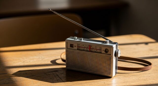 Radiolina ai Mondiali: come si ascoltavano senza streaming Radiolina portatile vintage a transistor con antenna estesa appoggiata su un banco di scuola in legno ruvido.