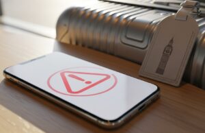 Roaming gratis nel Regno Unito: finito per quasi tutti, ecco chi lo paga da quest’estate Smartphone con icona di allarme rossa appoggiato su tavolino di legno accanto a una valigia con etichetta raffigurante Big Ben