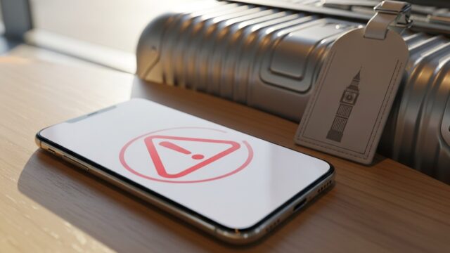 Roaming Regno Unito 2026: l'allarme che gli italiani in vacanza non possono ignorare Smartphone con icona di allarme rossa appoggiato su tavolino di legno accanto a una valigia con etichetta raffigurante Big Ben
