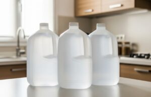 Acqua che salta in casa quest’estate: la scorta d’emergenza da preparare subito Tre bottiglioni di plastica trasparente pieni d'acqua allineati su un bancone di cucina illuminato da luce naturale