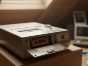 Quella vecchia segreteria telefonica in soffitta sta cancellando pezzi della tua vita Segreteria telefonica vintage con sportellino aperto e microcassetta inserita, appoggiata su una scatola in una soffitta polverosa con polaroid sullo sfondo