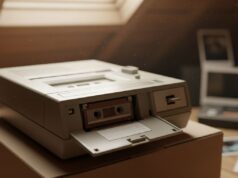 Quella vecchia segreteria telefonica in soffitta sta cancellando pezzi della tua vita Segreteria telefonica vintage con sportellino aperto e microcassetta inserita, appoggiata su una scatola in una soffitta polverosa con polaroid sullo sfondo