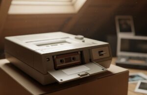 Quella vecchia segreteria telefonica in soffitta sta cancellando pezzi della tua vita Segreteria telefonica vintage con sportellino aperto e microcassetta inserita, appoggiata su una scatola in una soffitta polverosa con polaroid sullo sfondo