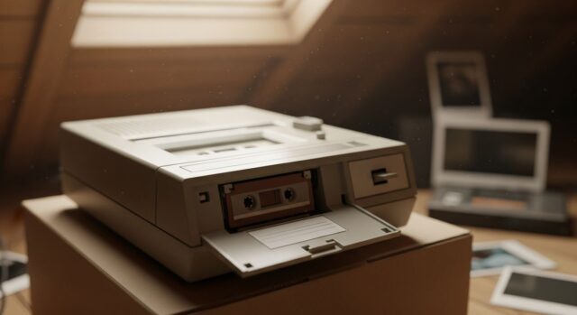 Segreteria telefonica vintage con sportellino aperto e microcassetta inserita, appoggiata su una scatola in una soffitta polverosa con polaroid sullo sfondo