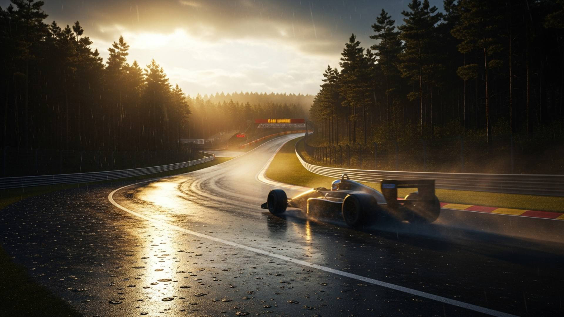 Monoposto di Formula 1 anni '80 sotto la pioggia al circuito di Spa-Francorchamps