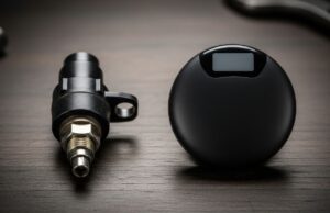 Gomme che ti avvisano prima del guasto: la nuova generazione di pneumatici intelligenti spiegata Confronto tra un sensore TPMS tradizionale con stelo a valvola e un nuovo sensore intelligente a disco sigillato, appoggiati su un banco da lavoro