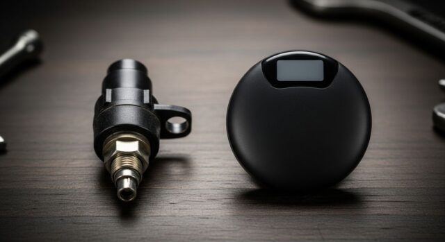 Confronto tra un sensore TPMS tradizionale con stelo a valvola e un nuovo sensore intelligente a disco sigillato, appoggiati su un banco da lavoro