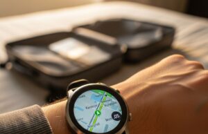 Il tuo smartwatch dice ai ladri quando la tua casa è vuota Smartwatch al polso con mappa GPS attiva e valigia sullo sfondo, simbolo del rischio furti in casa durante le vacanze