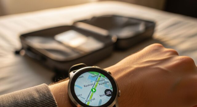 Come lo smartwatch rivela ai ladri quando sei in vacanza Smartwatch al polso con mappa GPS attiva e valigia sullo sfondo, simbolo del rischio furti in casa durante le vacanze