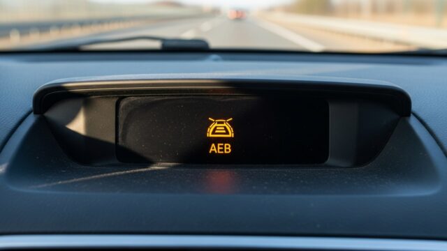 Frenata fantasma auto: perché frena da sola in autostrada Spia luminosa del sistema di frenata automatica di emergenza sul cruscotto di un'automobile.
