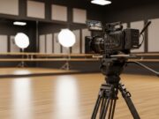 Come scegliere un’accademia artistica dopo il diploma Telecamera cinematografica professionale in primo piano all'interno di una moderna e luminosa sala prove di un'accademia.