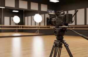 Come scegliere un’accademia artistica dopo il diploma Telecamera cinematografica professionale in primo piano all'interno di una moderna e luminosa sala prove di un'accademia.