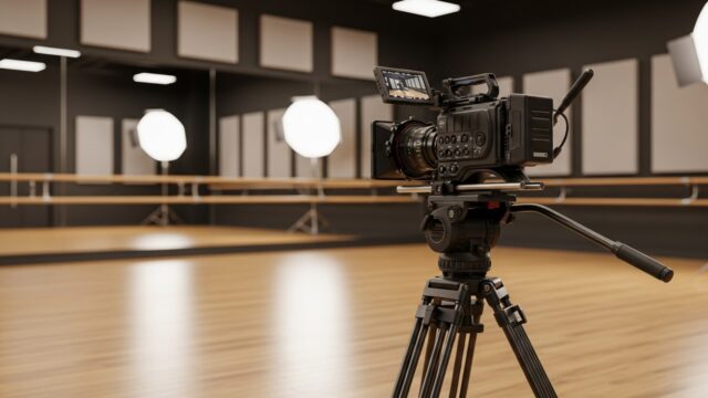 Telecamera cinematografica professionale in primo piano all'interno di una moderna e luminosa sala prove di un'accademia.