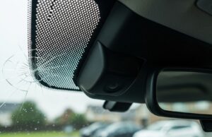 Grandine sull’auto: il controllo che il carrozziere spesso non fa Telecamera ADAS dietro lo specchietto retrovisore con microfrattura da grandine sul parabrezza