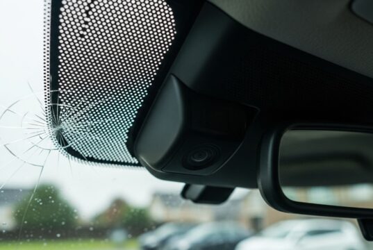 Grandine sull’auto: il controllo che il carrozziere spesso non fa Telecamera ADAS dietro lo specchietto retrovisore con microfrattura da grandine sul parabrezza