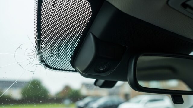 Grandine sull'auto: il controllo che il carrozziere spesso non fa Telecamera ADAS dietro lo specchietto retrovisore con microfrattura da grandine sul parabrezza