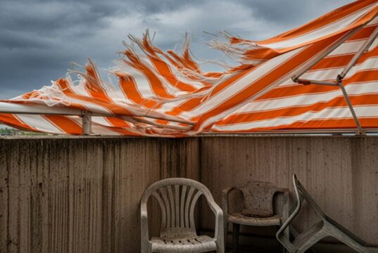 Temporali dopo il caldo: l’errore con tenda da sole e ombrellone che nessuno nota in tempo Tenda da sole a righe arancioni strappata dal vento forte durante un temporale estivo