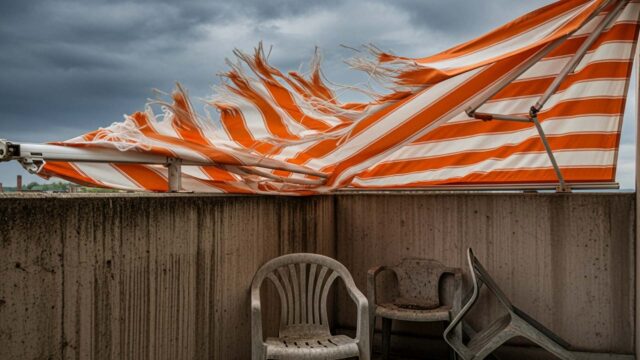 Tenda da sole distrutta dal vento: il danno di un temporale estivo Tenda da sole a righe arancioni strappata dal vento forte durante un temporale estivo