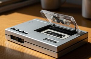 Il walkman a cassette e il gesto che nessuno fa più: girare il lato B Walkman a cassette aperto con musicassetta inserita, dettaglio delle bobine su tavolo in legno