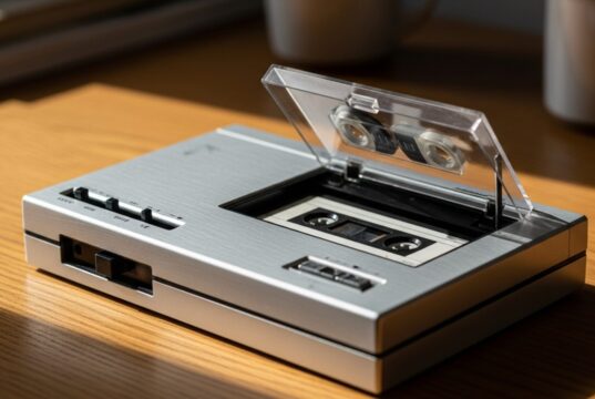 Il walkman a cassette e il gesto che nessuno fa più: girare il lato B Walkman a cassette aperto con musicassetta inserita, dettaglio delle bobine su tavolo in legno