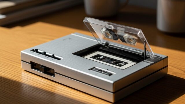 Walkman a cassette aperto con musicassetta inserita, dettaglio delle bobine su tavolo in legno