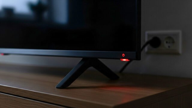 TV in stand-by: il cavo resta collegato alla presa anche a schermo spento Dettaglio del led rosso acceso su una smart tv spenta in salotto.