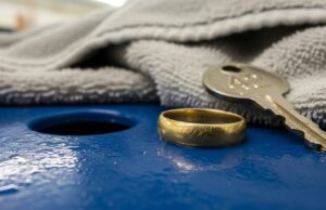 Nuoti con la fede al dito? Il cloro rovina l’oro in un modo che non vedi subito Fede nuziale d'oro graffiata appoggiata su una superficie bagnata accanto alla chiave dell'armadietto in piscina