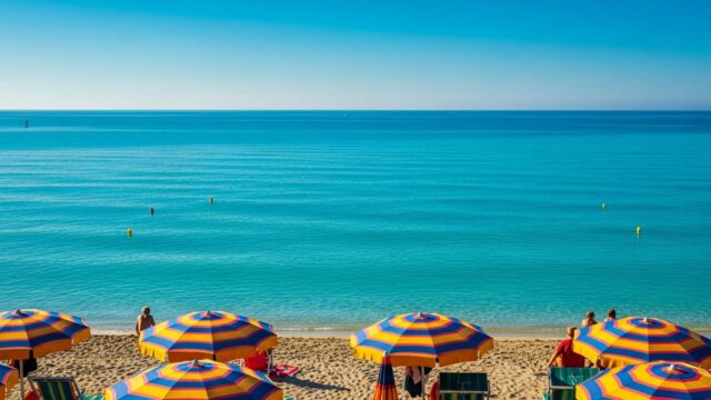 Spiaggia italiana a Ferragosto con ombrelloni colorati e mare calmo senza bagnanti in acqua