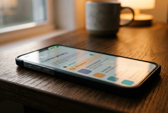 Il microfono non ti registra in continuo: il test che lo dimostra e le impostazioni giuste Smartphone su tavolo in legno con schermata impostazioni privacy e permesso microfono attivo