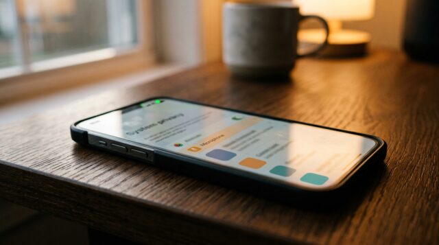 Smartphone su tavolo in legno con schermata impostazioni privacy e permesso microfono attivo