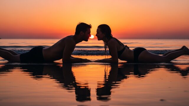 Coppia sdraiata sulla spiaggia al tramonto, sguardi speculari che comunicano un'attrazione reciproca durante le vacanze estive
