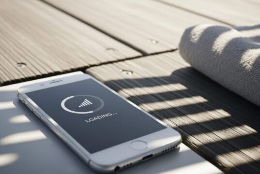 In spiaggia hai le tacche piene ma internet non parte: ecco perché succede davvero Smartphone su passerella di legno con schermo nero e icona di caricamento lento per problemi di rete.