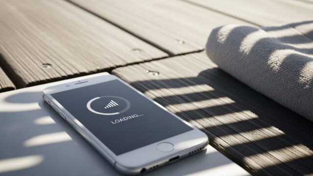 Smartphone su passerella di legno con schermo nero e icona di caricamento lento per problemi di rete.