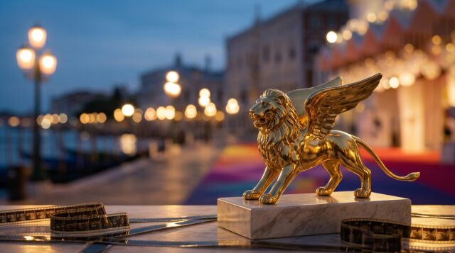 Leone d'oro Mostra del Cinema di Venezia 2026 Statuetta del Leone d'oro, premio della Mostra del Cinema di Venezia 2026, su podio in marmo con pellicole cinematografiche