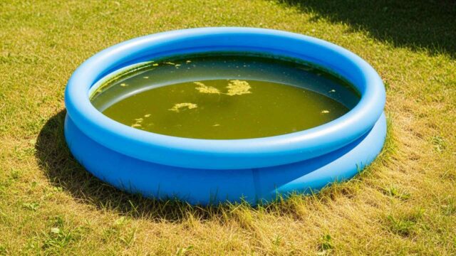Piscina gonfiabile da giardino con acqua torbida e verdastra sotto il sole, circondata da prato ingiallito