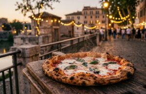 Pizza village a Roma dal 3 al 6 settembre: cosa sapere prima di andare Pizza margherita napoletana fumante su tavolo in legno con luci e folla sul Lungotevere, Pizza Village Roma 2026