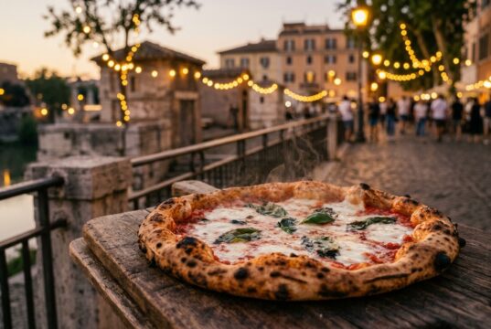 Pizza village a Roma dal 3 al 6 settembre: cosa sapere prima di andare Pizza margherita napoletana fumante su tavolo in legno con luci e folla sul Lungotevere, Pizza Village Roma 2026
